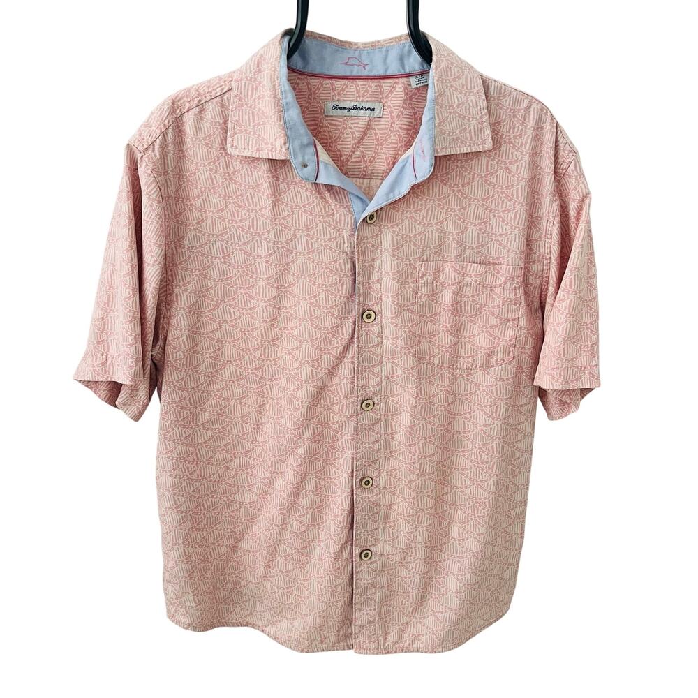 Tommy Bahama Desoto Shells Men’s L Pink Silk Coolmax IslandZone Camp Shirt